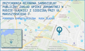 PORADNIA KARDIOLOGICZNA - PRZYCHODNIA REJONOWA SAMODZIELNY PUBLICZNY ZAKŁAD OPIEKI ZDROWOTNEJ W RUDZIE ŚLĄSKIEJ Z SIEDZIBĄ PRZY UL. MAKUSZYŃSKIEGO 7 - UL. KORNELA MAKUSZYŃSKIEGO 7,  RUDA ŚLĄSKA
