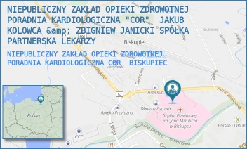 NIEPUBLICZNY ZAKŁAD OPIEKI ZDROWOTNEJ PORADNIA KARDIOLOGICZNA COR - NIEPUBLICZNY ZAKŁAD OPIEKI ZDROWOTNEJ PORADNIA KARDIOLOGICZNA "COR"  JAKUB KOLOWCA &amp; ZBIGNIEW JANICKI SPÓŁKA PARTNERSKA LEKARZY - ARMII KRAJOWEJ 8,  BISKUPIEC